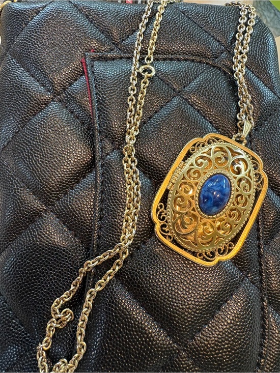 Avon Jewelry - Vintage Avon 1973 Gold Filigree Pendant Photo Locket Necklace with Blue Cabochon